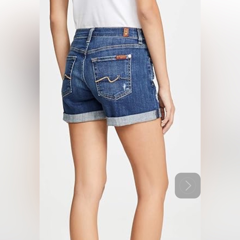 7 For All Mankind Mid Rise Denim Shorts Rolled Hem Distressed 25 (fits like 26)